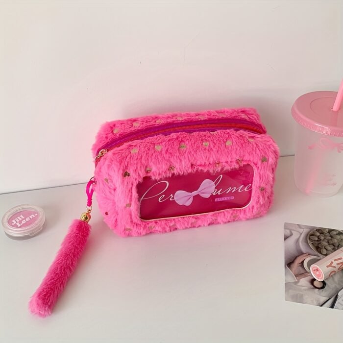 Cute Plush Makeup Bag with Bow Charm - Portable Cosmetic Organizer for Women, Soft Pink with Golden Accents, Compact Design for Travel & Daily Use, Makeup Travel Bag, Playful Design, Decorative Bow Detail - Image 11
