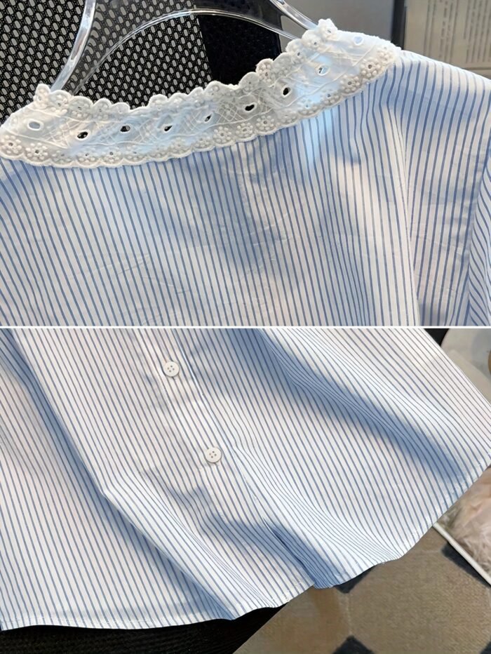 Women's & White Striped Puff Sleeve Blouse - Short Sleeve Button-Front Shirt with Bow Tie Collar, Vertical Striped Top for Spring Summer Casual & Semi-Formal Wear, Machine Washable (Non-Stretch) - Image 4