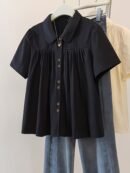 [Chic Blouse] Lightweight Polyester Summer Short Sleeve Blouse for Women | Chic, Casual Yet Stylish, Sweet Doll Collar, Button-Up Shirt with Chest Pockets