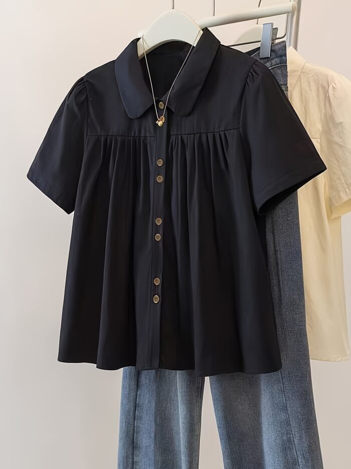 [Chic Blouse] Lightweight Polyester Summer Short Sleeve Blouse for Women | Chic, Casual Yet Stylish, Sweet Doll Collar, Button-Up Shirt with Chest Pockets - Image 2