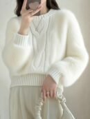Women's Elegant White Faux Fur Collar Cable- Sweater - Soft Round Neck Pullover for Fall/Winter, Hand Wash or Dry Clean, Cute Sweaters, Winter Cozy Clothing, Farfetch Style, Quality Knitwear