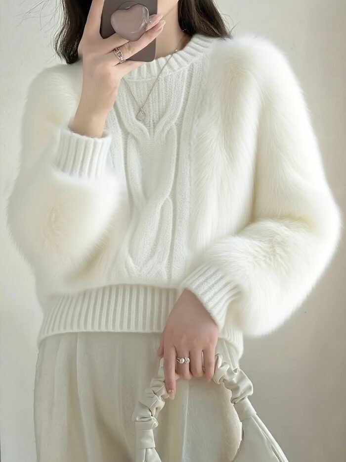 Women's Elegant White Faux Fur Collar Cable- Sweater - Soft Round Neck Pullover for Fall/Winter, Hand Wash or Dry Clean, Cute Sweaters, Winter Cozy Clothing, Farfetch Style, Quality Knitwear - Image 2