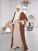 Breathable Light Beige-Friendly Fabric Color-Block Open Front Abaya with Sleeveless Inner Layer - Simple, Elegant, and Versatile Muslim Dress for Women's Daily Wear Parties, Suitable for Birthdays & Gatherings