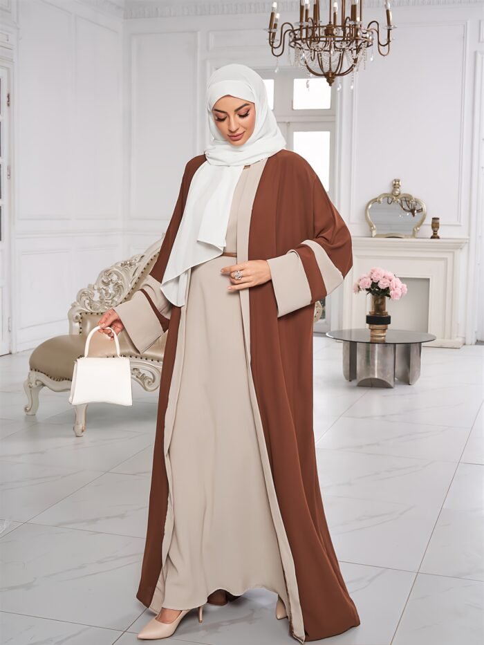 Breathable Light Beige-Friendly Fabric Color-Block Open Front Abaya with Sleeveless Inner Layer - Simple, Elegant, and Versatile Muslim Dress for Women's Daily Wear Parties, Suitable for Birthdays & Gatherings - Image 3