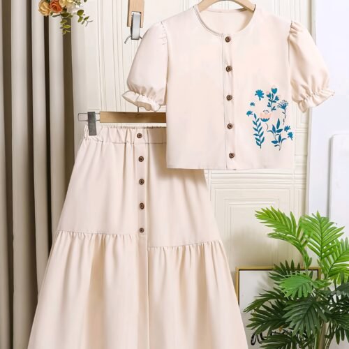 Casual Fashion Two-Piece Set with Floral Print Round Neck Short Sleeve Top and Ruffle-Trimmed Skirt, Perfect for Outdoor