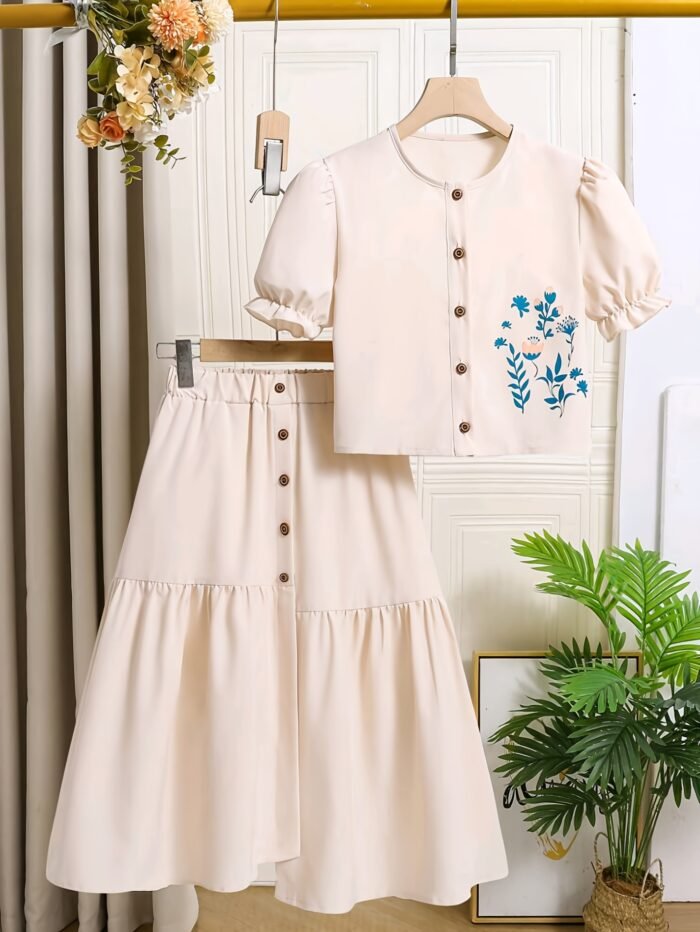 Casual Fashion Two-Piece Set with Floral Print Round Neck Short Sleeve Top and Ruffle-Trimmed Skirt, Perfect for Outdoor