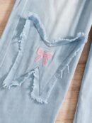 A Sweet And Playful Outfit for Girls Featuring Denim Long Pants, Adorned with a Pink Bow, Paired with a White Long-Sleeve Top, It'S Stylish And Versatile, Machine Washable, Perfect for Spring And Autumn Wear, Suitable for Everyday Outfits And Outings, for Outdoor