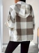 Women's Plush Coat - Non-Stretchy Beige & Brown Checkered Winter Jacket, Machine Washable Cold Weather Outerwear for Fall/Winter, Chic Everyday & Formal Events Coat, Winter Coats, Casual Winter Wear, Textured Fabric