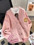 Women'S Color Block Cardigan - V-Neck with Tie-Front, Button-Up Sweater Jacket in Navy Blue & White, Long Sleeve for Fall/Winter, Cozy Casual Outerwear
