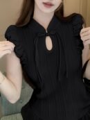 Women'S Black Sleeveless Knit Top with Ruffled Details - Casual Stand Collar, Polyester, Spring/Summer Fashion, Versatile and Elegant, Sleeveless Top|Ruffled Sleeve Top|Knit Construction