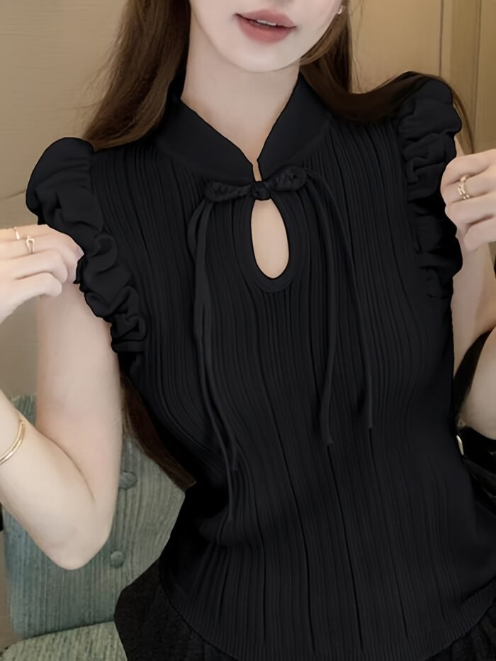 Women'S Black Sleeveless Knit Top with Ruffled Details - Casual Stand Collar, Polyester, Spring/Summer Fashion, Versatile and Elegant, Sleeveless Top|Ruffled Sleeve Top|Knit Construction - Image 3