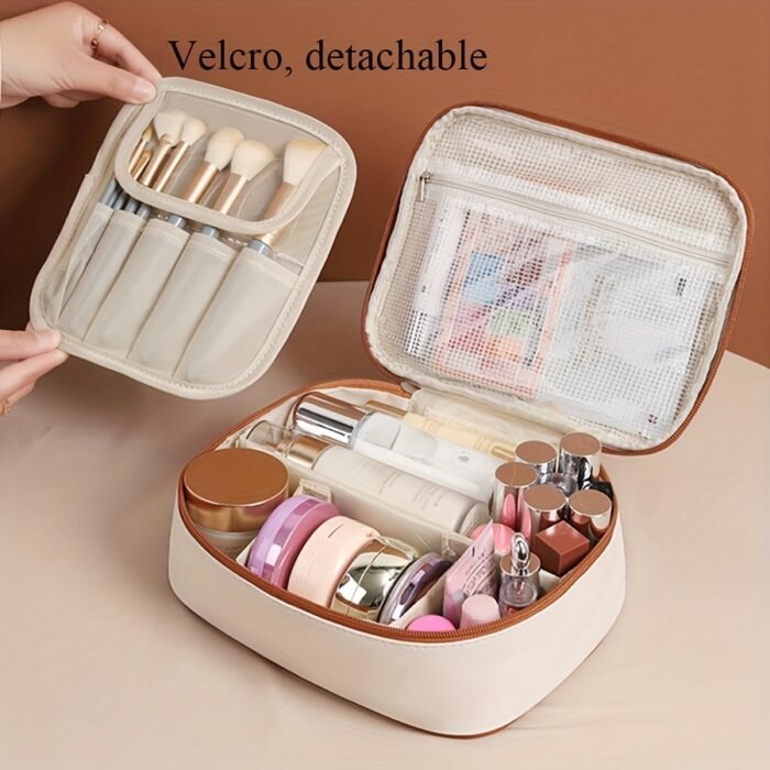 Large Capacity PU Handheld Makeup Bag - Portable Cosmetic Organizer with Detachable Brush Holder, White, Ideal for Lipstick, Perfume, Skincare, and Makeup Tools, Perfect Holiday Gift, Makeup Brush Holde - Image 5