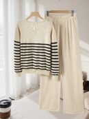 2pcs Autumn and Winter French Cream White Striped Set | Contrast Round Neck Top + High Waist Wide Leg Pants | Loose Fit, Effect | Soft Light Beige-Friendly Non-Irritating | Perfect for Commuting, Dates, and Home Wear | Minimalist Korean Style Chic Outfit Recommended
