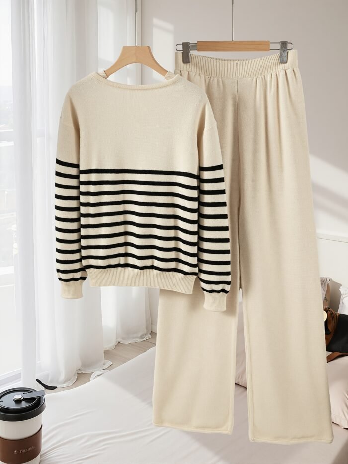 2pcs Autumn and Winter French Cream White Striped Set | Contrast Round Neck Top + High Waist Wide Leg Pants | Loose Fit, Effect | Soft Light Beige-Friendly Non-Irritating | Perfect for Commuting, Dates, and Home Wear | Minimalist Korean Style Chic Outfit Recommended - Image 3