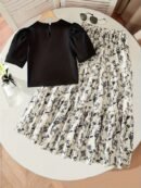 Spring/Summer New Fashionable Ladylike Literary Minimalist High-End Design, Pearl-Embellished Solid Color Round Neck Short Sleeve Top with Floral Print Ruffled Hem Midi Skirt, Casual Outing Vacation Party Comfort Two-Piece Set for Young Girls, Perfect for Outdoor