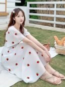 Women'S Cute Forest-Themed A-Line Dress with Ruffle Sleeves - White with Red Cherries & Green Leaves Print, Short Sleeve, Long Length, Perfect for Spring/Summer, Casual Attire, Casual Attire|Ruffle Sleeve Dress|Aline Silhouette, Cute Dresses