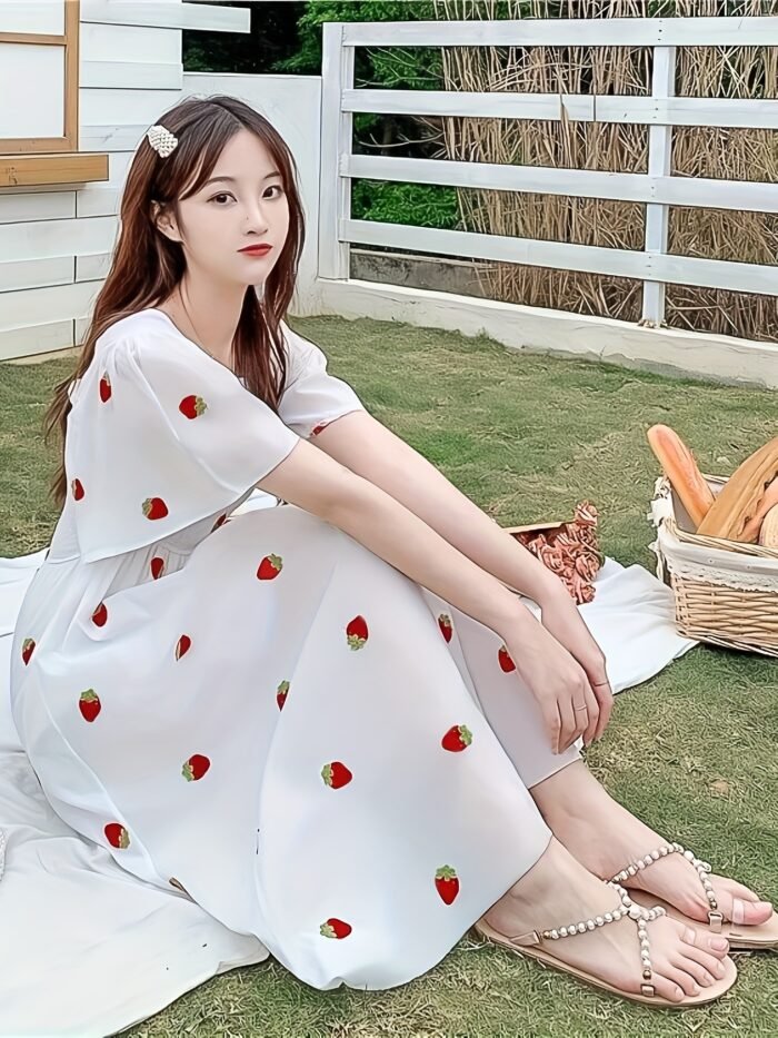 Women'S Cute Forest-Themed A-Line Dress with Ruffle Sleeves - White with Red Cherries & Green Leaves Print, Short Sleeve, Long Length, Perfect for Spring/Summer, Casual Attire, Casual Attire|Ruffle Sleeve Dress|Aline Silhouette, Cute Dresses - Image 4