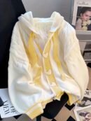 Women's Preppy Style Hooded Cardigan - & Pink Striped Button-Front Sweater with Heart Details, Loose Fit Jacket for Fall Winter Layering, Medium Stretch Casual Outerwear, Sweater Cardigan, Seasonal Fashion, Playful Details, Quality Stitching, College, Casual Attire, Soft Texture, Fashion Lovers