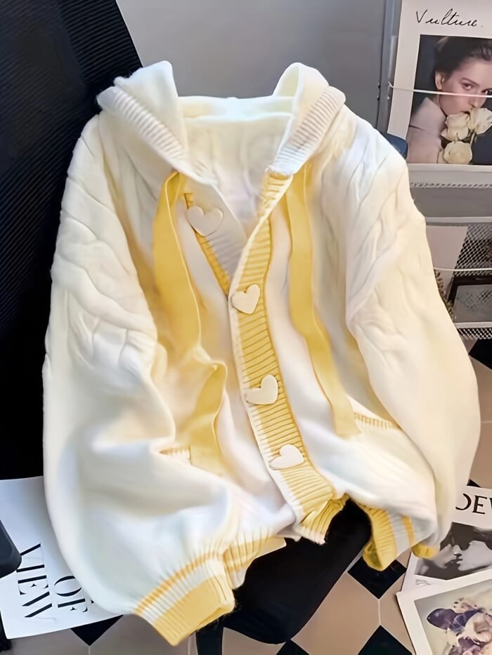Women's Preppy Style Hooded Cardigan - & Pink Striped Button-Front Sweater with Heart Details, Loose Fit Jacket for Fall Winter Layering, Medium Stretch Casual Outerwear, Sweater Cardigan, Seasonal Fashion, Playful Details, Quality Stitching, College, Casual Attire, Soft Texture, Fashion Lovers - Image 2