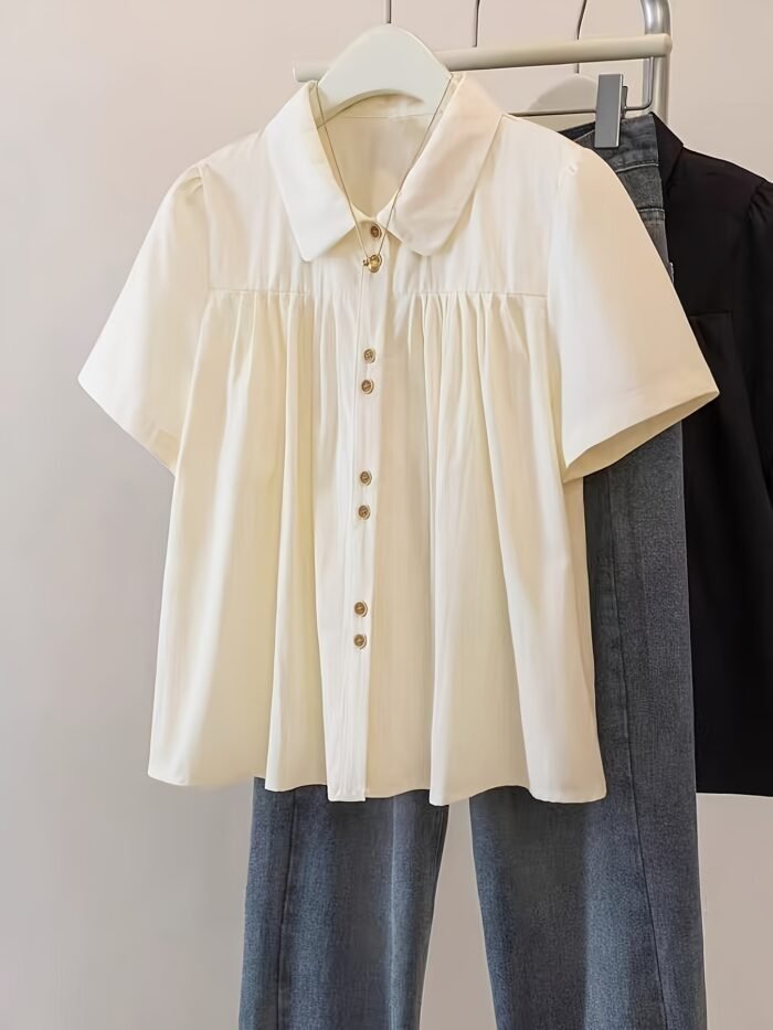 [Chic Blouse] Lightweight Polyester Summer Short Sleeve Blouse for Women | Chic, Casual Yet Stylish, Sweet Doll Collar, Button-Up Shirt with Chest Pockets - Image 3