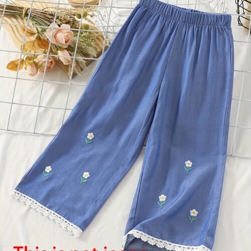 [Summer Wide-Leg Pants] Summer Casual Wide-Leg Pants | Fashion Imitation Faux Denim Fabric, Floral Print, Loose Fit, Ankle-Length, Lace Trim, Cute Pants, Outdoor Wear, Decorative Embellishments