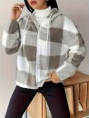 Women's Plush Coat - Non-Stretchy Beige & Brown Checkered Winter Jacket, Machine Washable Cold Weather Outerwear for Fall/Winter, Chic Everyday & Formal Events Coat, Winter Coats, Casual Winter Wear, Textured Fabric