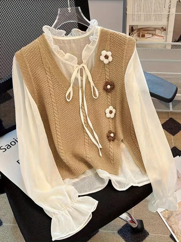 European and American Autumn-Winter New Twisted Flower Pattern Pullover Vest Sweater Jacket - Image 3