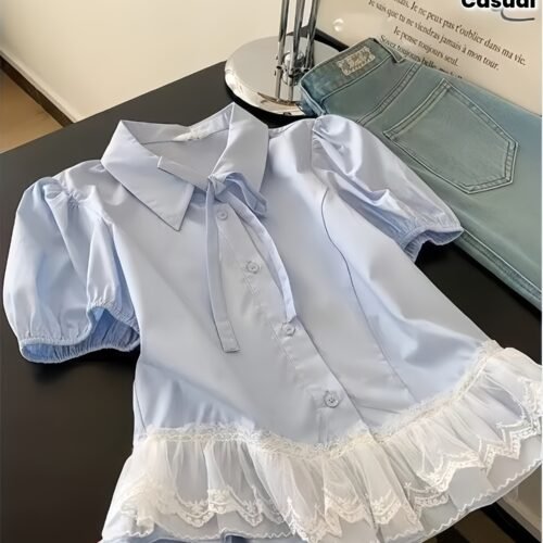 Elegant French-Style Women'S Short Sleeve Blouse with Contrast Lace Hem - Light Blue, Chic Collar Design, Perfect for Casual or Formal Occasions, Ladies Blouses