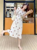 Women'S Cute Forest-Themed A-Line Dress with Ruffle Sleeves - White with Red Cherries & Green Leaves Print, Short Sleeve, Long Length, Perfect for Spring/Summer, Casual Attire, Casual Attire|Ruffle Sleeve Dress|Aline Silhouette, Cute Dresses