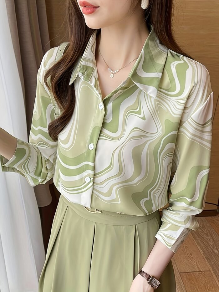 Elegant Women'S Long Sleeve Print Blouse - Stylish Green & White Marble Pattern, Button-Up Collared Shirt, All-Season Versatile Top for Casual or Formal Occasions, Ladies Blouses - Image 5