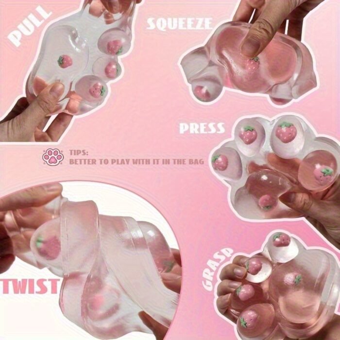 Giant Pink Transparent Strawberry Cat Paw Squeeze Toy - Super Soft TPR Material, Novelty Squeeze Toy with Pink & White Strawberry Design, Perfect Gift for Halloween, Christmas, Valentine'S Day, Cat Toy, Festive Gift Item, Playful Design, Durable Play Item, Best for Christmas, Perfect for Thanksgiving, Fluffy Textured Claw Finger & Paw Accessory with Adorable  Touch Massage Glove & Red Heart Adhesive Window Seal, Impressive Height Video Scale Capabilities For Posticking Musical My - Image 6
