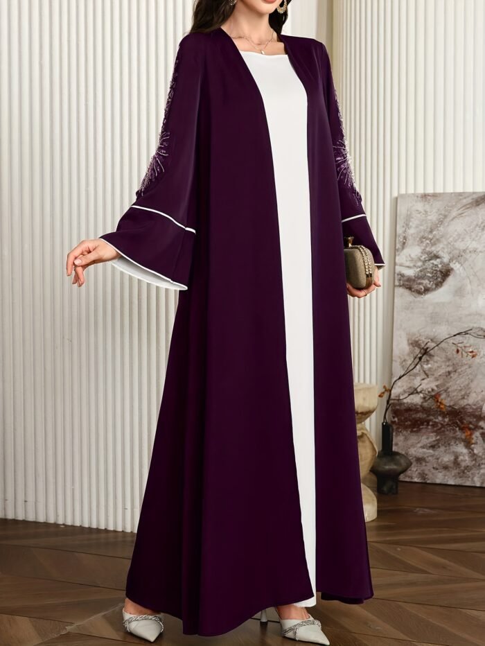 Women'S Elegant Arabic Abaya Robe - Long Sleeve Open Front Islamic Dress with & color contrast, Formal Wedding, Party, Everyday Muslim Gown for Modest Muslim Women - Spring/Fall/Summer Traditional Attire, Muslim Dress, Seasonal Wear - Image 3