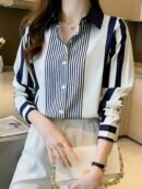 Women'S Elegant Striped Long Sleeve Blouse - Loose Fit, Designer Style, Polyester, Machine Washable - Perfect for Spring & Fall, Casual Attire, Casual Attire|Designer Style Top|Polyester Fabri
