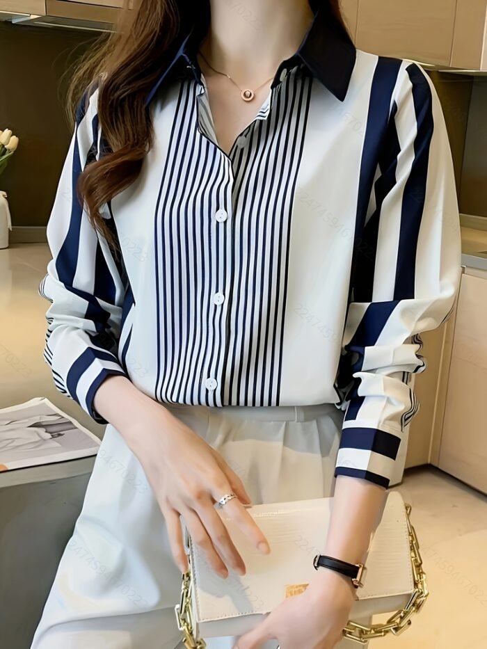 Women'S Elegant Striped Long Sleeve Blouse - Loose Fit, Designer Style, Polyester, Machine Washable - Perfect for Spring & Fall, Casual Attire, Casual Attire|Designer Style Top|Polyester Fabri - Image 4