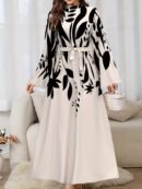 Women's Elegant Arabic/Korean-Inspired Abaya Dress with Mandarin Collar & Puff Sleeves - Long Train Maxi Gown, Belted Waist, A-Line -Length Dress for Weddings, Parties, Muslimah Fashion (Machine Washable)