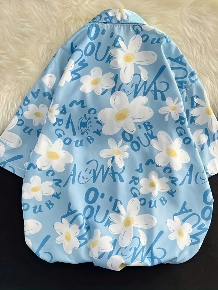 Women'S Floral Print Short Sleeve Blouse - Casual Loose Fit, Button-Up Shirt with Collar, Light Blue Floral Design, Perfect for Spring/Summer/Fall, Ladies Blouses - Image 3