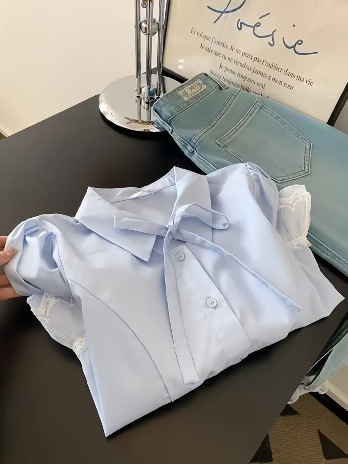 Elegant French-Style Women'S Short Sleeve Blouse with Contrast Lace Hem - Light Blue, Chic Collar Design, Perfect for Casual or Formal Occasions, Ladies Blouses - Image 6