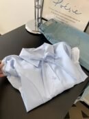 Elegant French-Style Women'S Short Sleeve Blouse with Contrast Lace Hem - Light Blue, Chic Collar Design, Perfect for Casual or Formal Occasions, Ladies Blouses