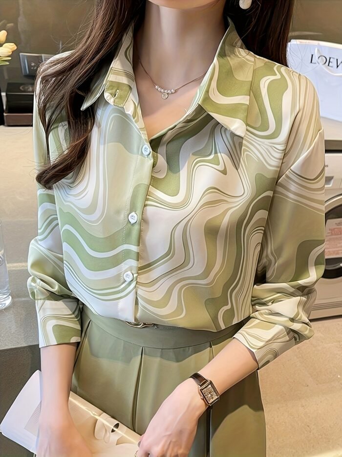 Elegant Women'S Long Sleeve Print Blouse - Stylish Green & White Marble Pattern, Button-Up Collared Shirt, All-Season Versatile Top for Casual or Formal Occasions, Ladies Blouses - Image 3
