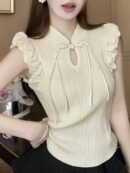 Women'S Black Sleeveless Knit Top with Ruffled Details - Casual Stand Collar, Polyester, Spring/Summer Fashion, Versatile and Elegant, Sleeveless Top|Ruffled Sleeve Top|Knit Construction
