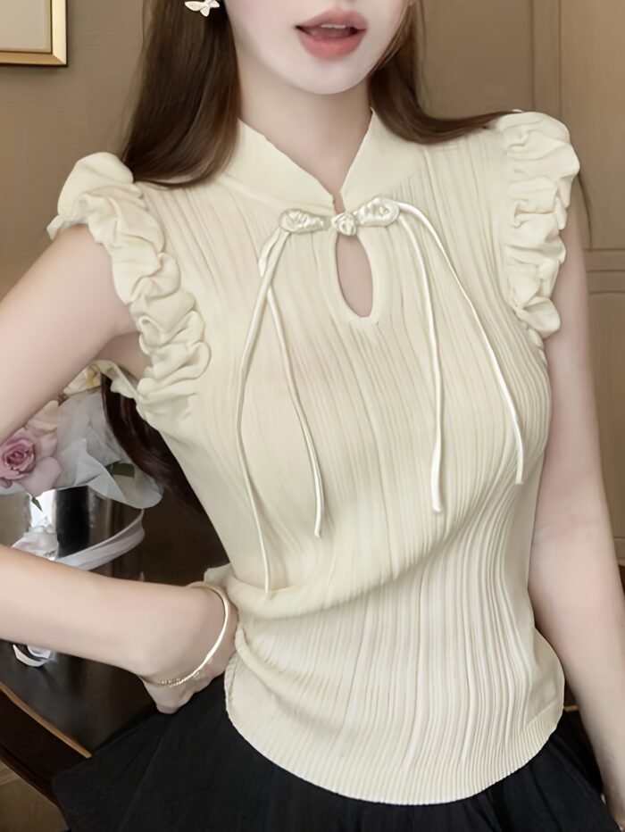 Women'S Black Sleeveless Knit Top with Ruffled Details - Casual Stand Collar, Polyester, Spring/Summer Fashion, Versatile and Elegant, Sleeveless Top|Ruffled Sleeve Top|Knit Construction - Image 8
