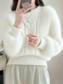 Women's Elegant White Faux Fur Collar Cable- Sweater - Soft Round Neck Pullover for Fall/Winter, Hand Wash or Dry Clean, Cute Sweaters, Winter Cozy Clothing, Farfetch Style, Quality Knitwear