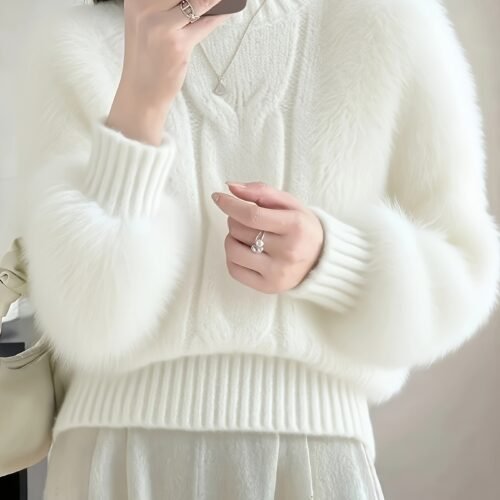 Women's Elegant White Faux Fur Collar Cable- Sweater - Soft Round Neck Pullover for Fall/Winter, Hand Wash or Dry Clean, Cute Sweaters, Winter Cozy Clothing, Farfetch Style, Quality Knitwear