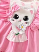 Sweet Baby Girl Set: Pink Polka Dot Dress with Cat Print, 3D Ruffled Trim, And Bow Headband - Two-Piece Set, for Outdoor