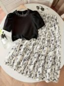 Spring/Summer New Fashionable Ladylike Literary Minimalist High-End Design, Pearl-Embellished Solid Color Round Neck Short Sleeve Top with Floral Print Ruffled Hem Midi Skirt, Casual Outing Vacation Party Comfort Two-Piece Set for Young Girls, Perfect for Outdoor