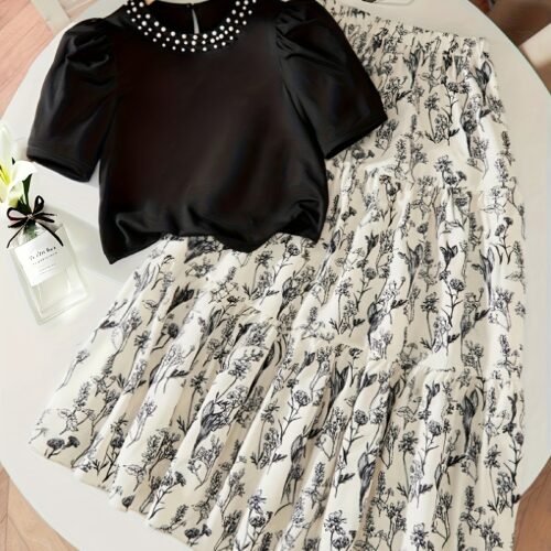 Spring/Summer New Fashionable Ladylike Literary Minimalist High-End Design, Pearl-Embellished Solid Color Round Neck Short Sleeve Top with Floral Print Ruffled Hem Midi Skirt, Casual Outing Vacation Party Comfort Two-Piece Set for Young Girls, Perfect for Outdoor