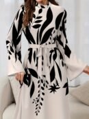 Women's Elegant Arabic/Korean-Inspired Abaya Dress with Mandarin Collar & Puff Sleeves - Long Train Maxi Gown, Belted Waist, A-Line -Length Dress for Weddings, Parties, Muslimah Fashion (Machine Washable)
