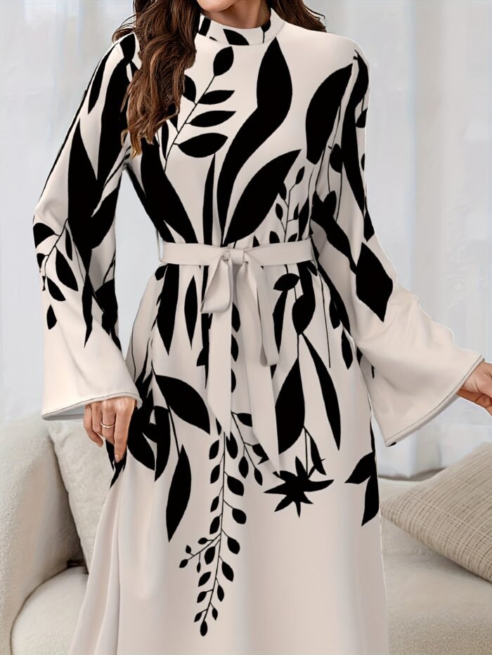 Women's Elegant Arabic/Korean-Inspired Abaya Dress with Mandarin Collar & Puff Sleeves - Long Train Maxi Gown, Belted Waist, A-Line -Length Dress for Weddings, Parties, Muslimah Fashion (Machine Washable) - Image 6
