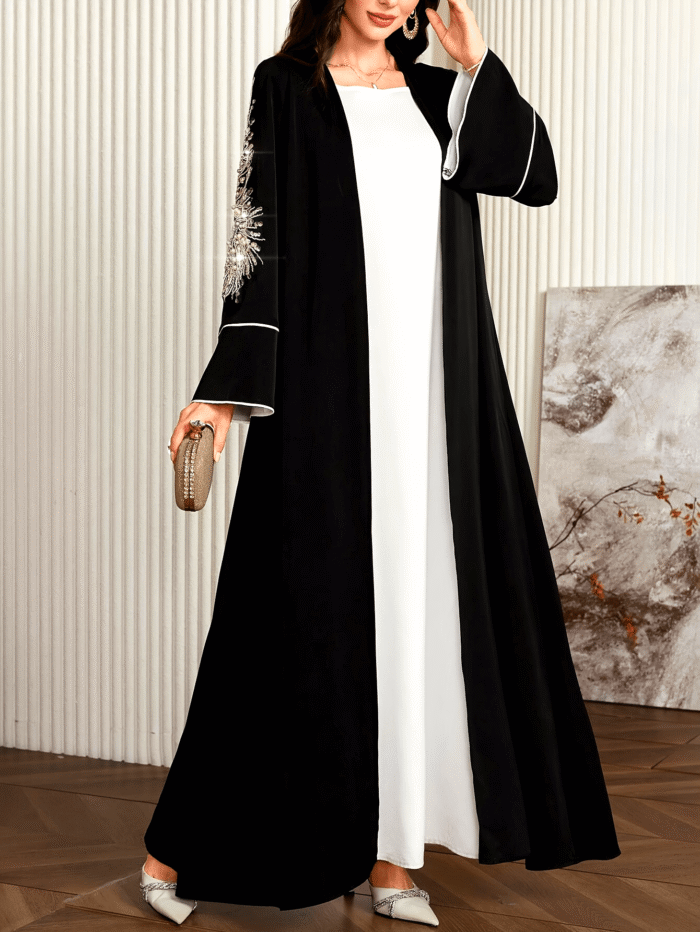 Women'S Elegant Arabic Abaya Robe - Long Sleeve Open Front Islamic Dress with & color contrast, Formal Wedding, Party, Everyday Muslim Gown for Modest Muslim Women - Spring/Fall/Summer Traditional Attire, Muslim Dress, Seasonal Wear