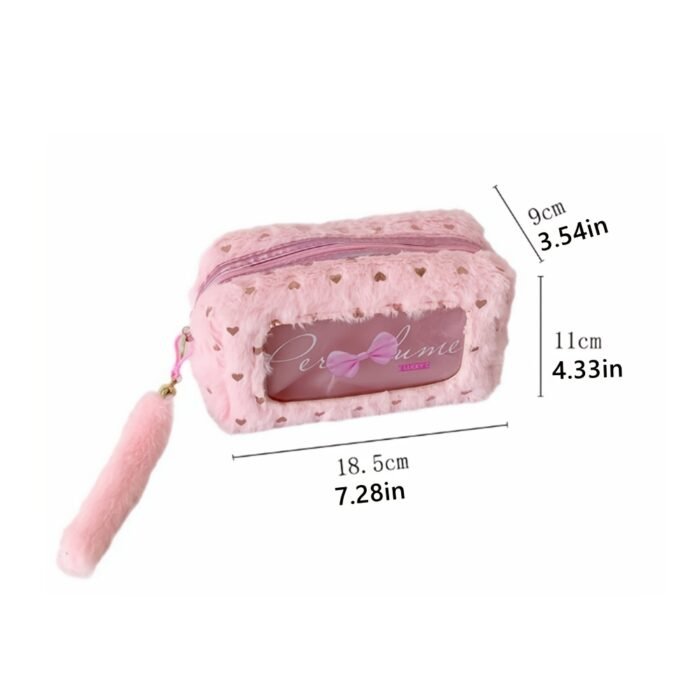 Cute Plush Makeup Bag with Bow Charm - Portable Cosmetic Organizer for Women, Soft Pink with Golden Accents, Compact Design for Travel & Daily Use, Makeup Travel Bag, Playful Design, Decorative Bow Detail - Image 6